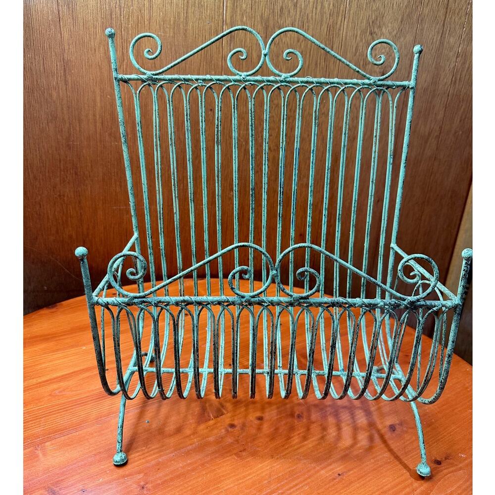 Vintage Verdigris Wrought Iron Magazine Holder or Garden Planter